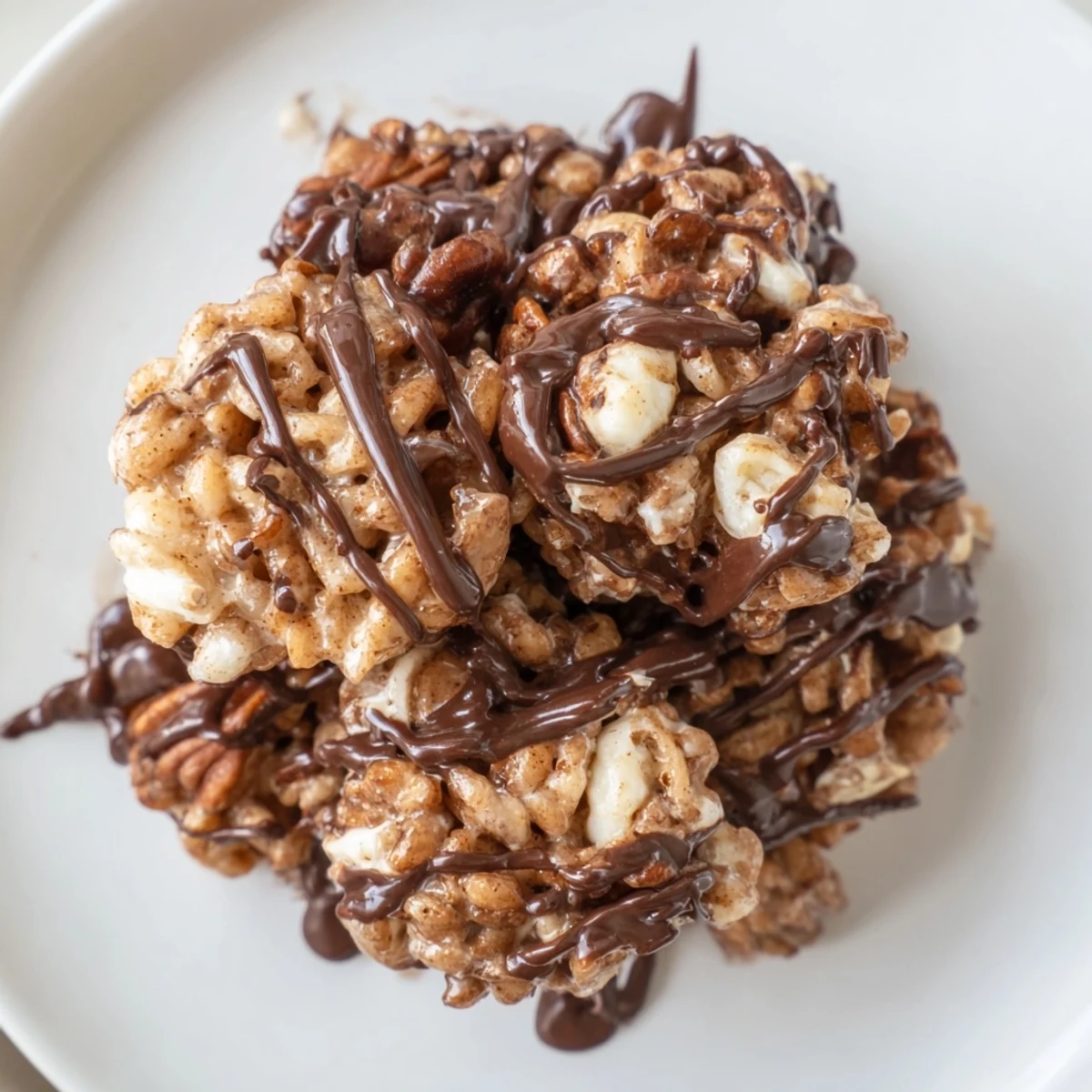 Plate of No Bake Coffee Crunch Rice Krispie Cookies on a marble countertop, ready to enjoy with cold milk.