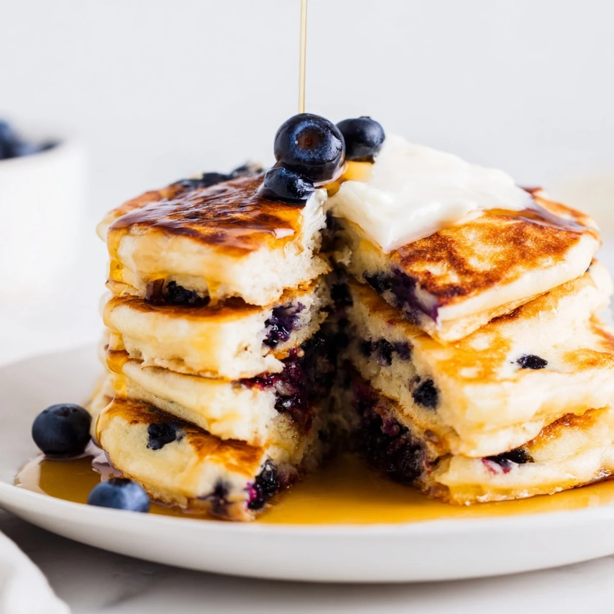 Fluffy Greek Yogurt Blueberry Pancakes stacked high with maple syrup drizzling down on a white plate.