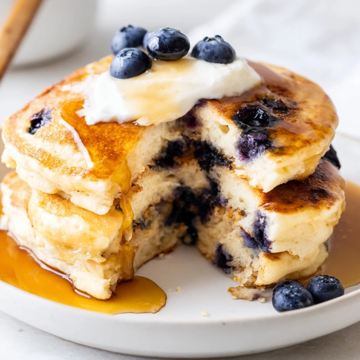 Golden Fluffy Greek Yogurt Blueberry Pancakes speckled with blueberries in a skillet, ready to serve.