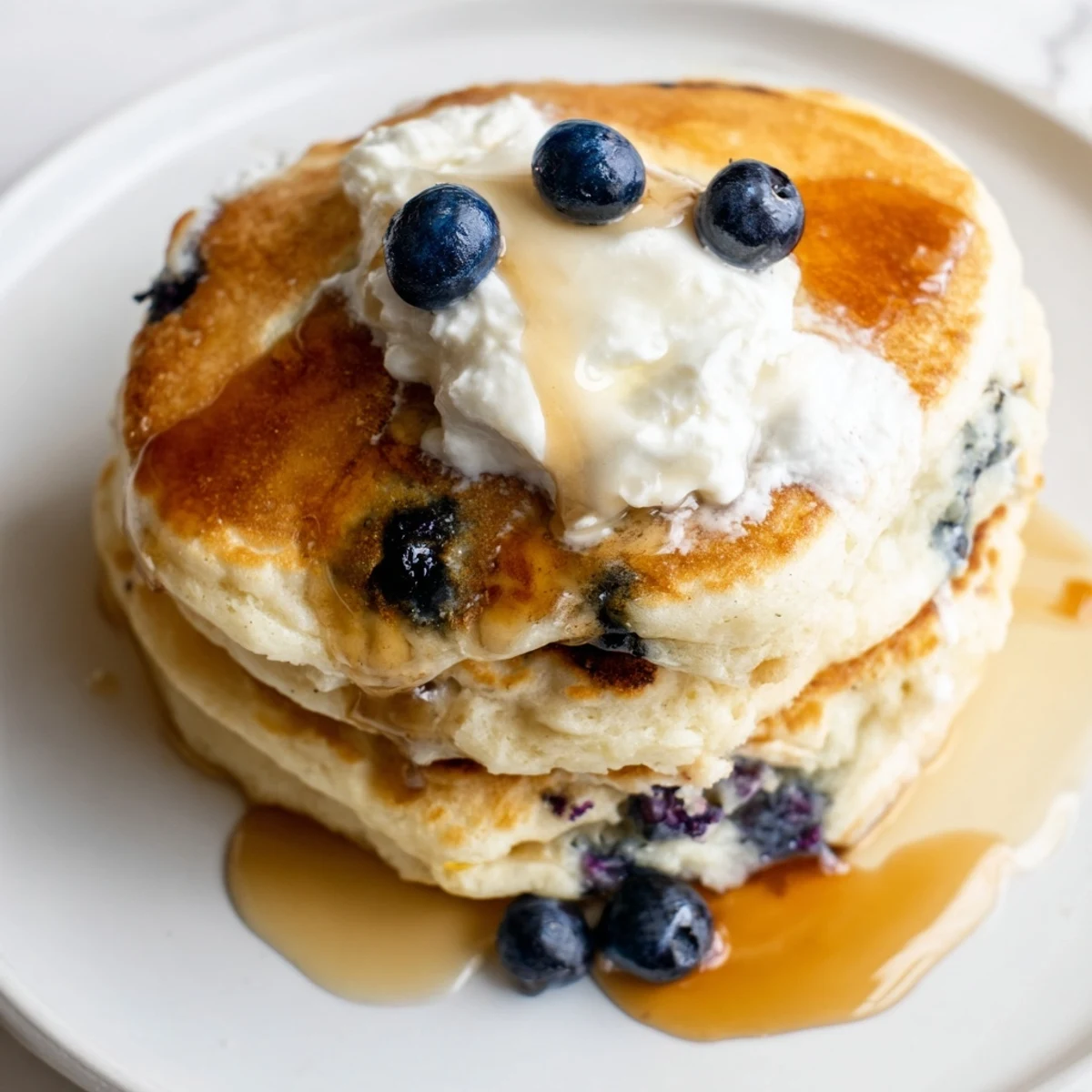 A close-up of Fluffy Greek Yogurt Blueberry Pancakes topped with fresh blueberries and a dollop of Greek yogurt.