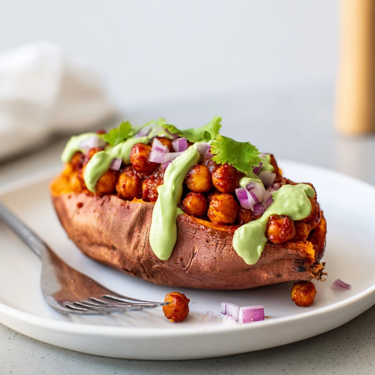 Roasted sweet potatoes topped with smoky Vegan BBQ Chickpea Sweet Potatoes, garnished with cilantro and red onion.
