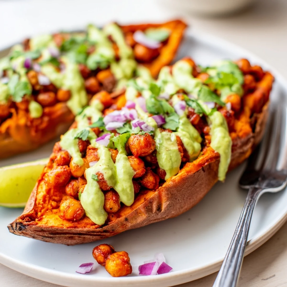 The image shows fork-fluffed sweet potato halves filled with saucy chickpeas and avocado-lime drizzle for Vegan BBQ Chickpea Sweet Potatoes.