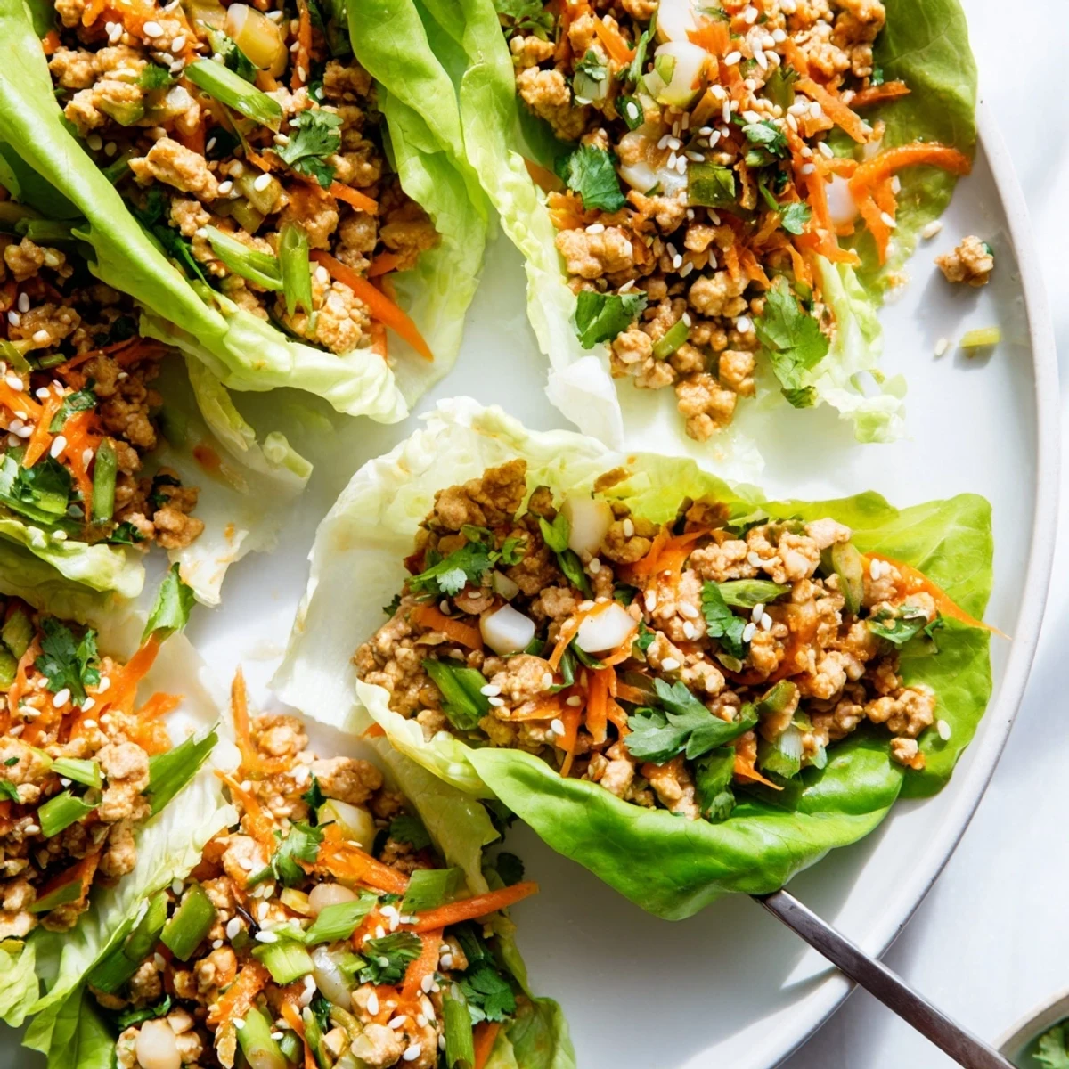 Freshly cooked Potsticker Chicken Lettuce Boats with seasoned ground chicken filling nestled in crisp, cool butter lettuce leaves.  