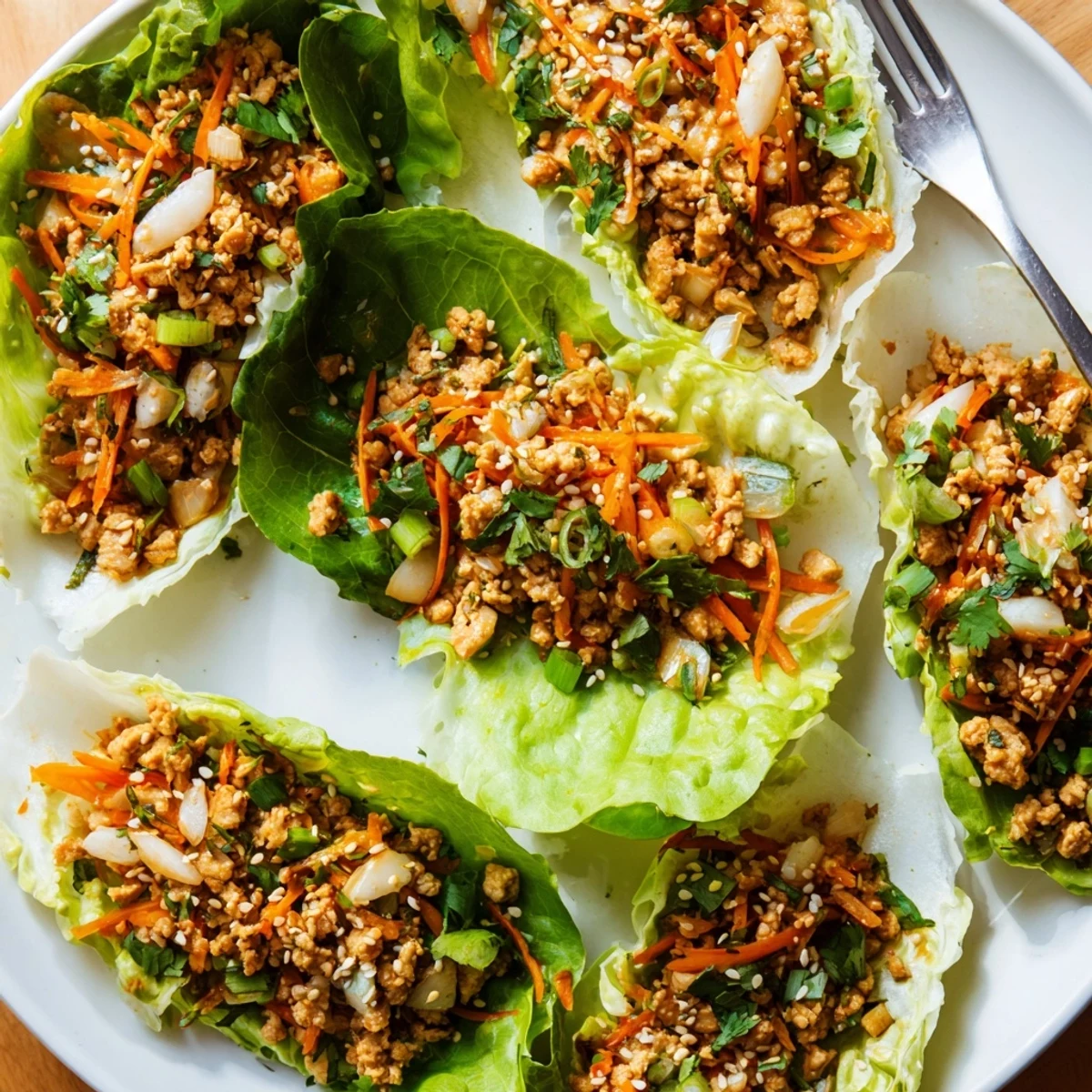 Savory Potsticker Chicken Lettuce Boats garnished with toasted sesame seeds and sliced red chili on a rustic wooden board.  