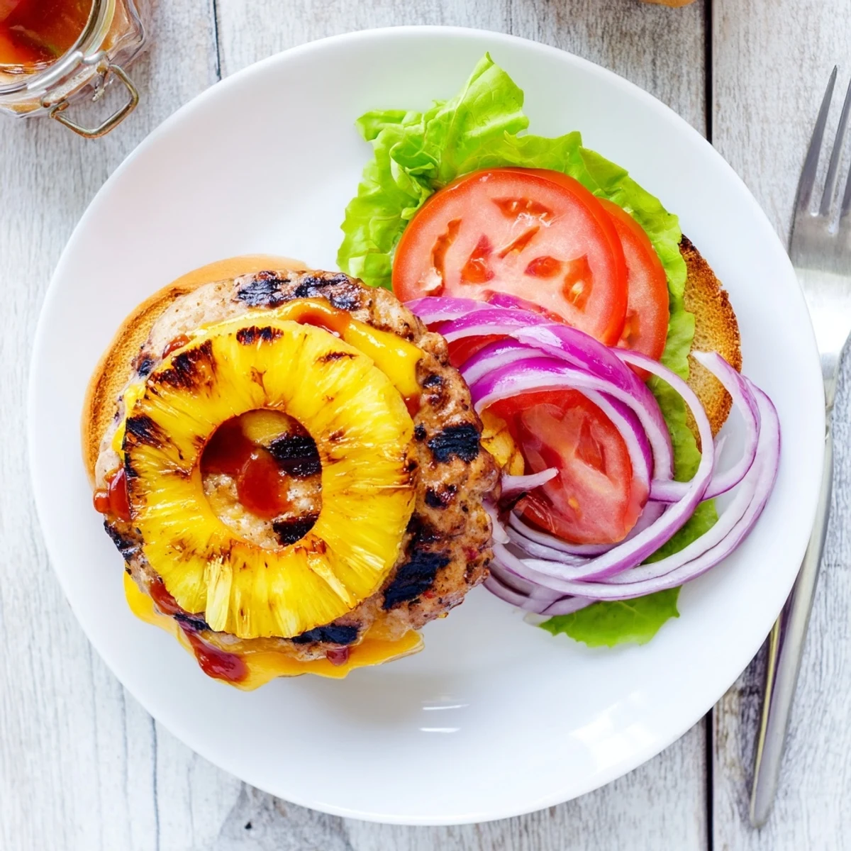 A close-up of the Hawaiian Pineapple Chicken Burger showing a juicy grilled patty with melted cheddar on a toasted bun.