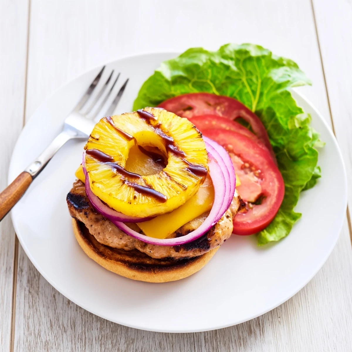 The Hawaiian Pineapple Chicken Burger is assembled with crisp lettuce, tomato, and a sweet grilled pineapple ring on top.