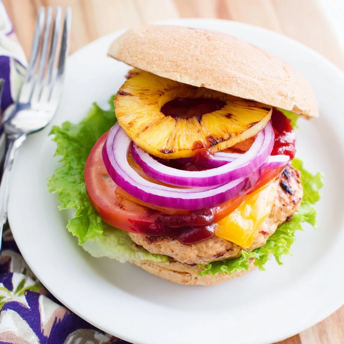 A Hawaiian Pineapple Chicken Burger ready to eat, with barbecue sauce drizzled and red onion slices adding a tangy crunch.