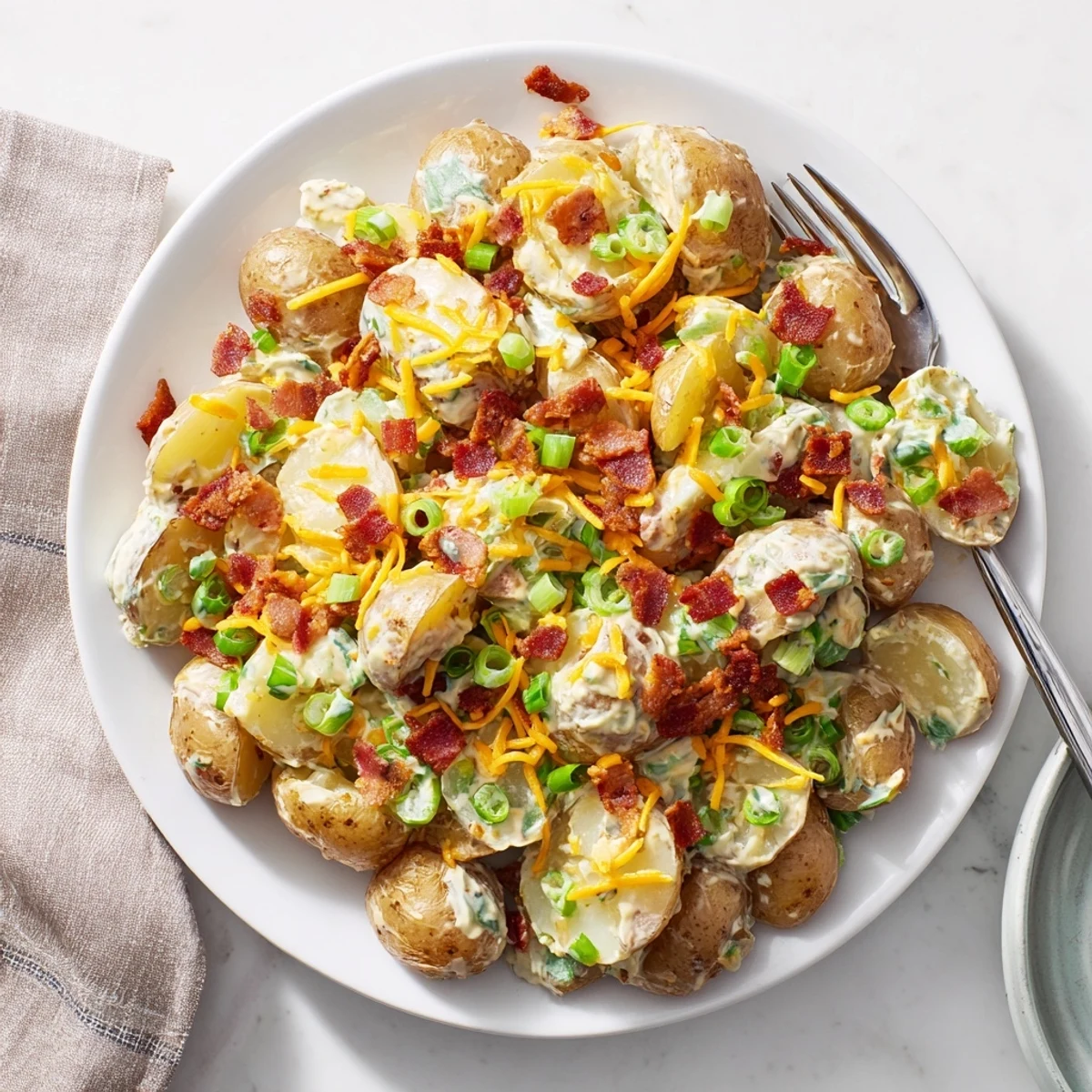 Golden roasted baby potatoes glisten with creamy jalapeno popper dressing, dotted with crispy bacon crumbles and fresh green onions.