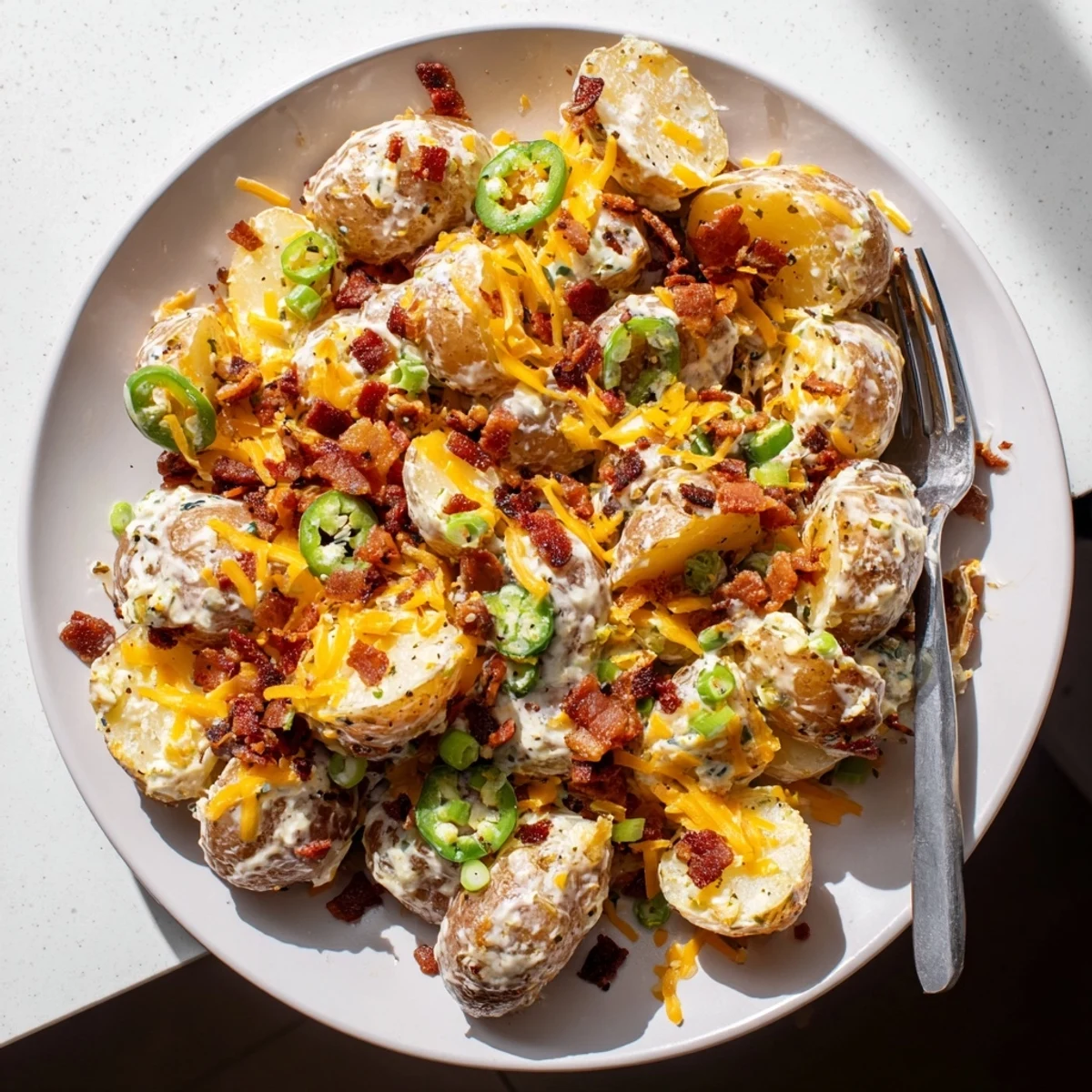 Savory jalapeno popper roasted potato salad features smoky bacon, sharp cheddar, and diced jalapenos on a bed of tender potatoes.