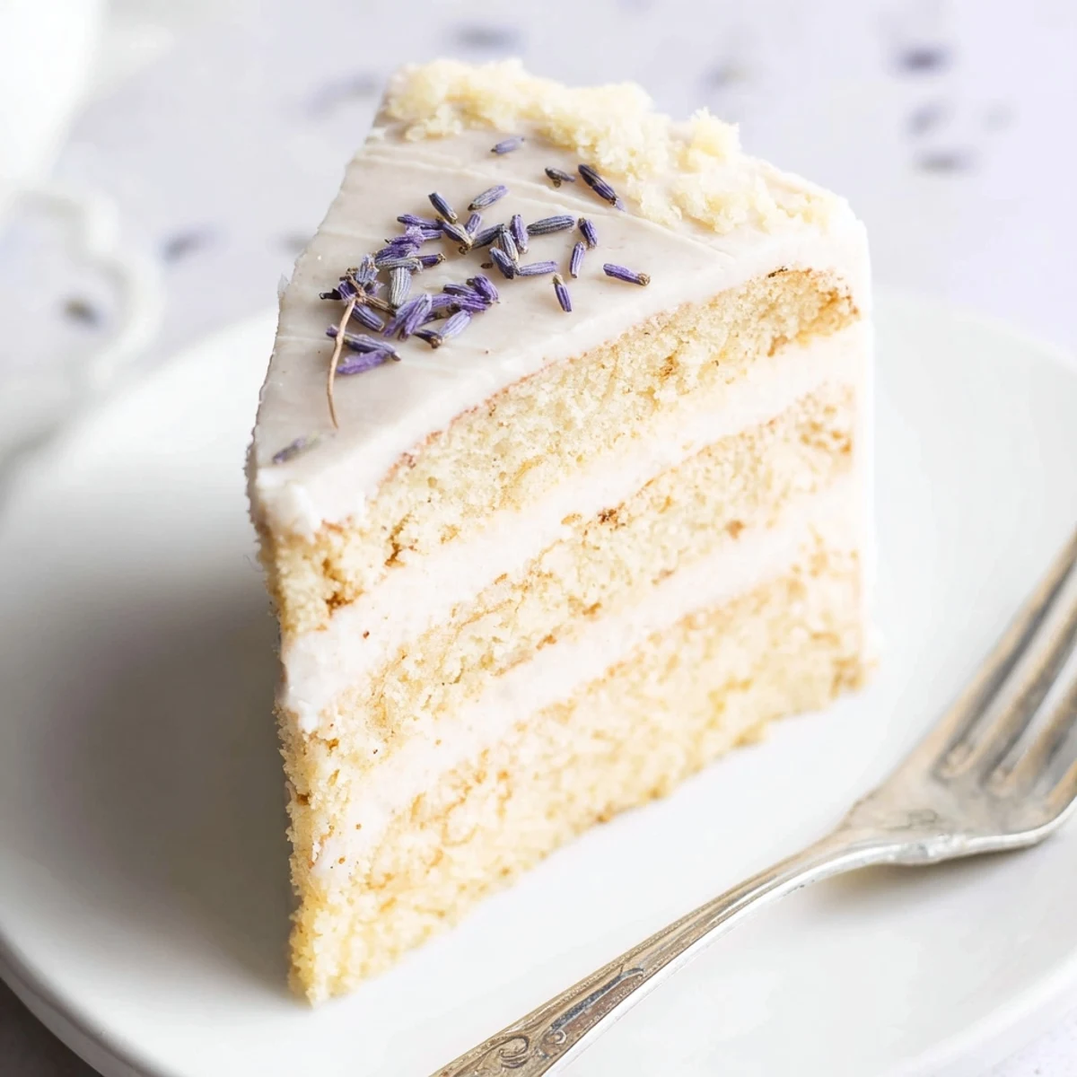 Fluffy London Fog Cake with Earl Grey and Lavender layers, frosted with vanilla buttercream and topped with dried lavender buds.