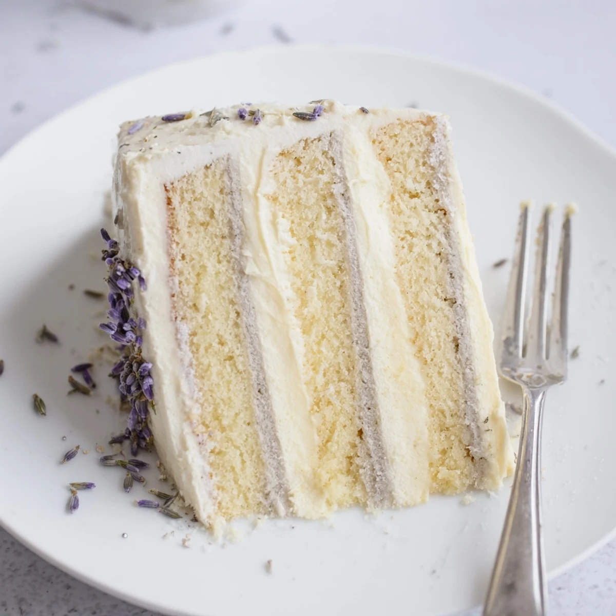 Moist London Fog Cake with Earl Grey and Lavender brushed with syrup, layered with creamy frosting and served on a white plate.