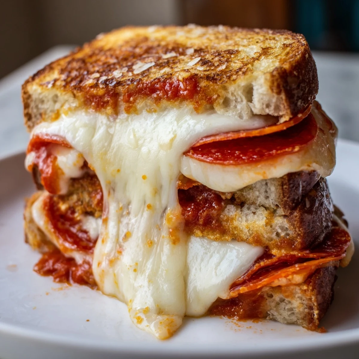 A close-up of the Pizza Grilled Cheese shows melted mozzarella oozing from golden-brown sourdough slices, with a small bowl of marinara dipping sauce nearby.