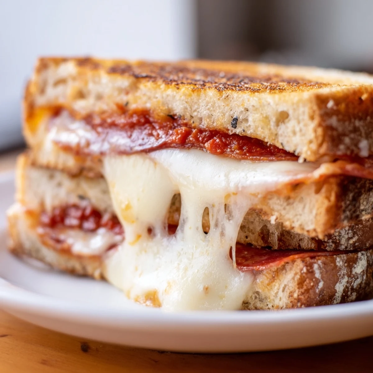 Sliced Pizza Grilled Cheese reveals layers of pepperoni and mozzarella inside crispy, buttery bread, served on a wooden board with fresh oregano garnish.