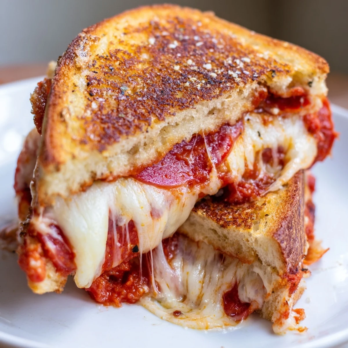 A steaming Pizza Grilled Cheese on a plate with a side of marinara sauce, highlighting the gooey cheese pull and savory toppings for dipping.