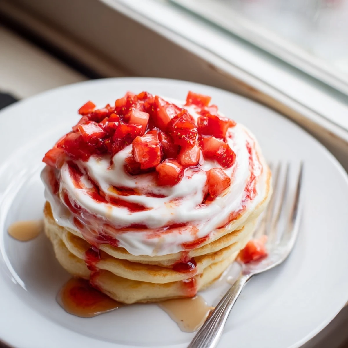Fluffy Strawberry Cheesecake Pancakes stack high with golden edges and a creamy swirl, topped with fresh strawberry sauce.