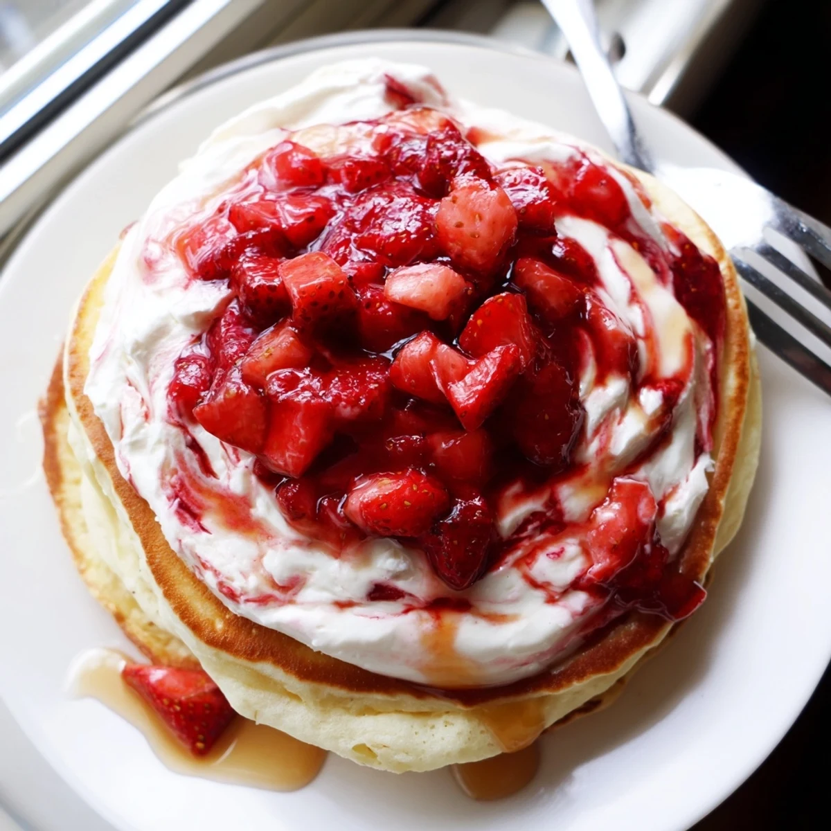 A close-up shows Fluffy Strawberry Cheesecake Pancakes cooking on a griddle, with cheesecake dollops swirled into the batter.