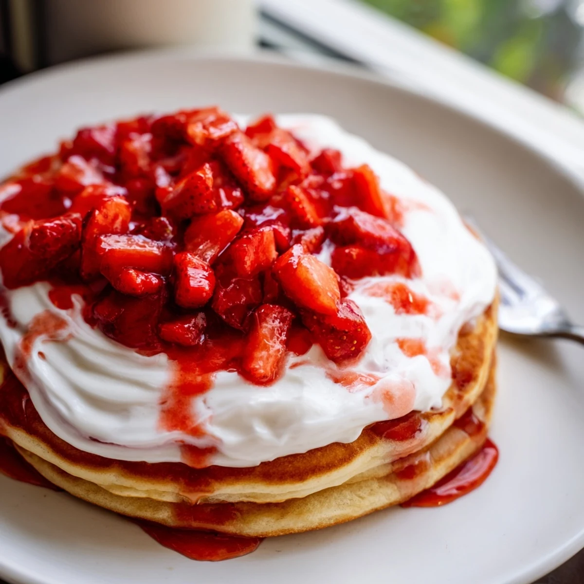 A serving of Fluffy Strawberry Cheesecake Pancakes drizzled with sweet strawberry topping and a dusting of powdered sugar.