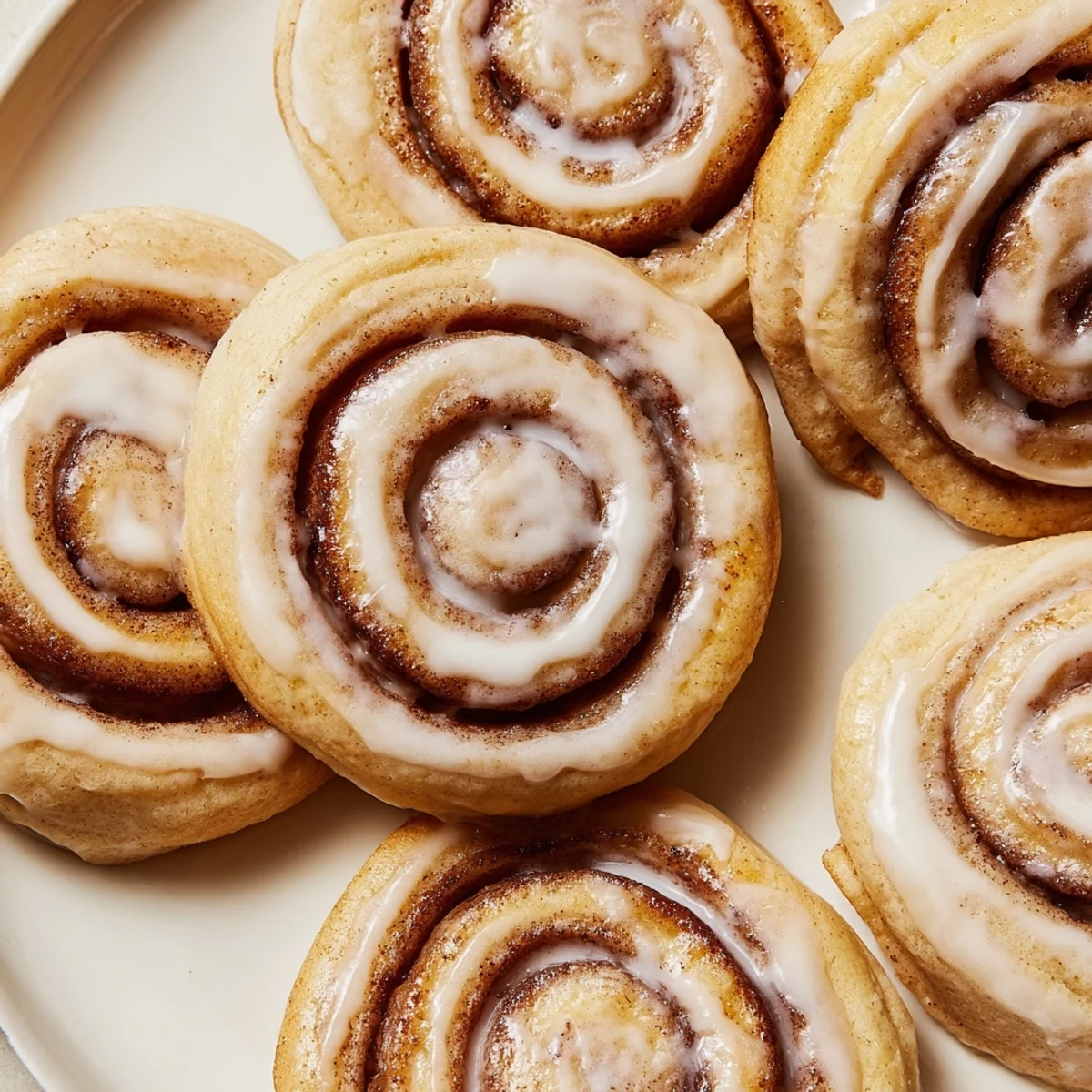 Golden-brown Cinnamon Roll Cookies fresh from the oven, showcasing a visible cinnamon sugar swirl and a drizzle of sweet vanilla glaze on a rustic wooden board.