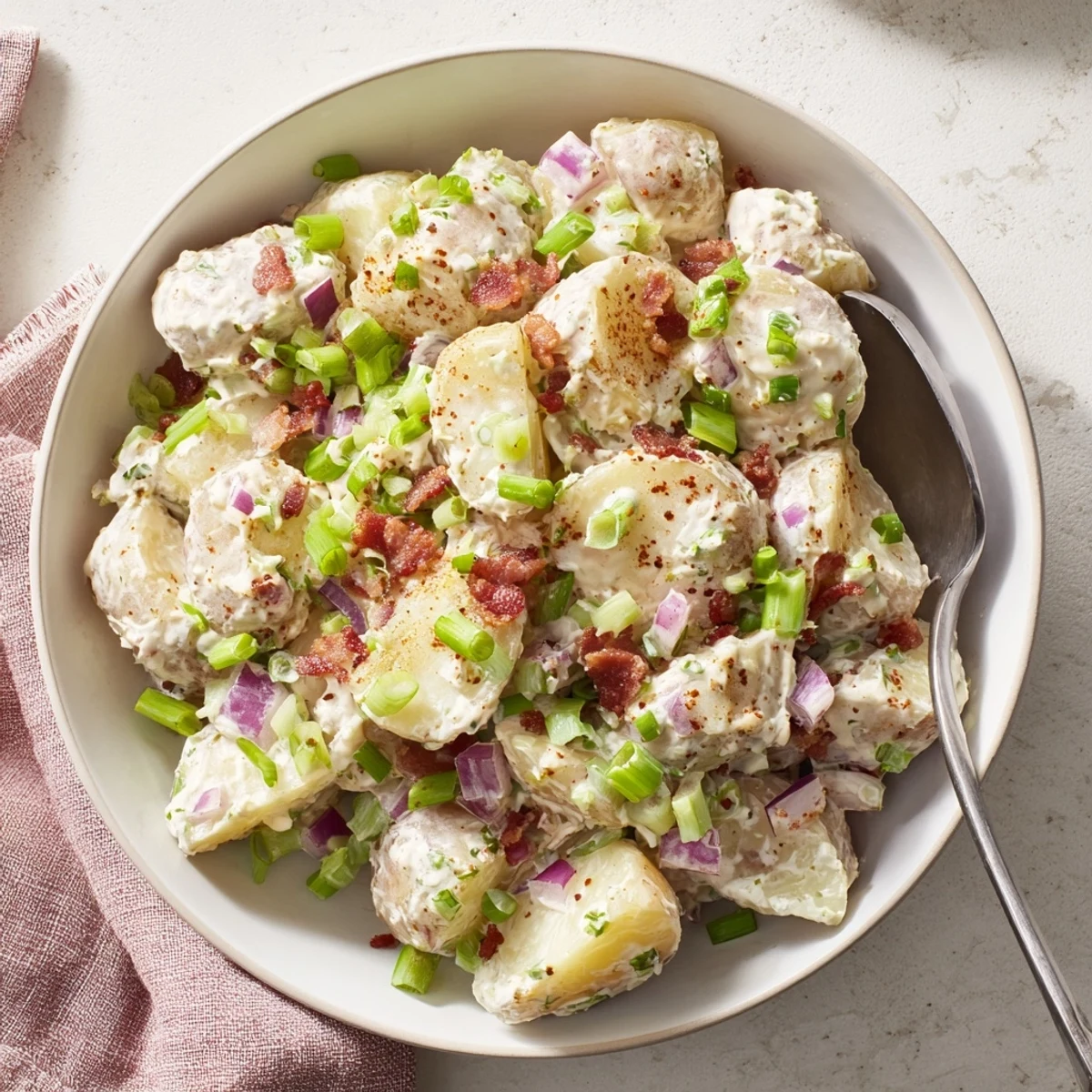 A close-up shows a creamy steakhouse potato salad with diced celery, red onion, and fresh chives, ready for a barbecue plate.