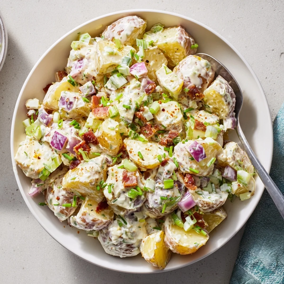 Chilled steakhouse potato salad features crumbled bacon, tangy dressing, and paprika garnish, perfect alongside grilled steak at an American dinner.