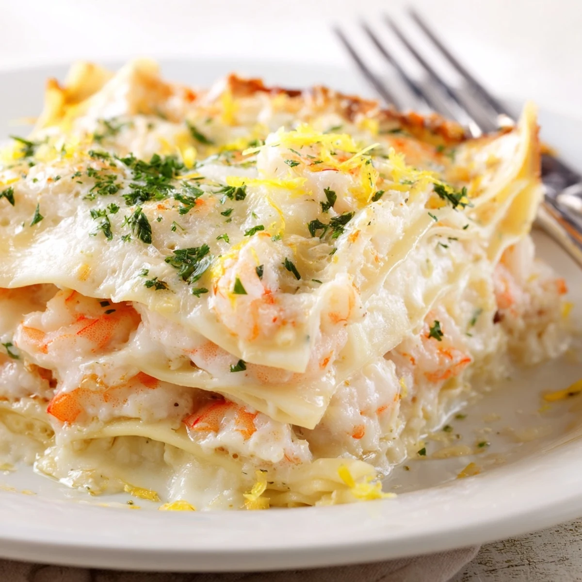 Golden-baked Garlic Butter Shrimp Scampi Lasagna with bubbly mozzarella and parsley garnish.