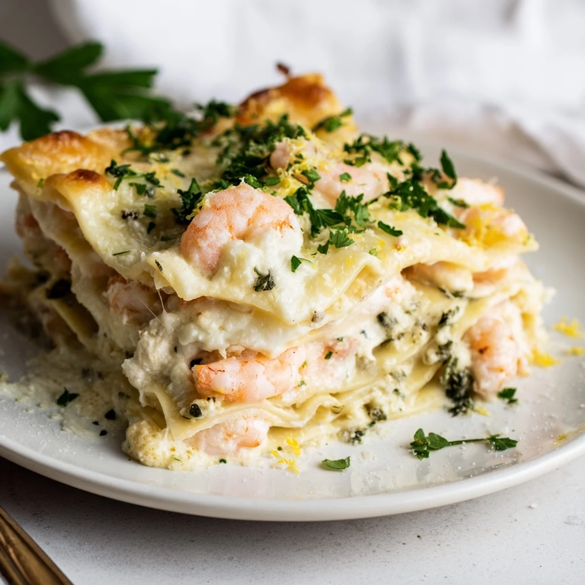 Freshly baked Garlic Butter Shrimp Scampi Lasagna layers with shrimp and lemon zest.