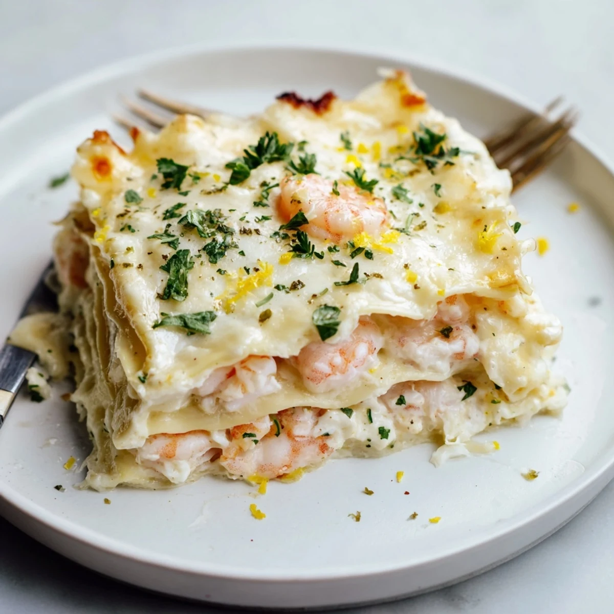 Rustic Garlic Butter Shrimp Scampi Lasagna served in a skillet with melted cheese.
