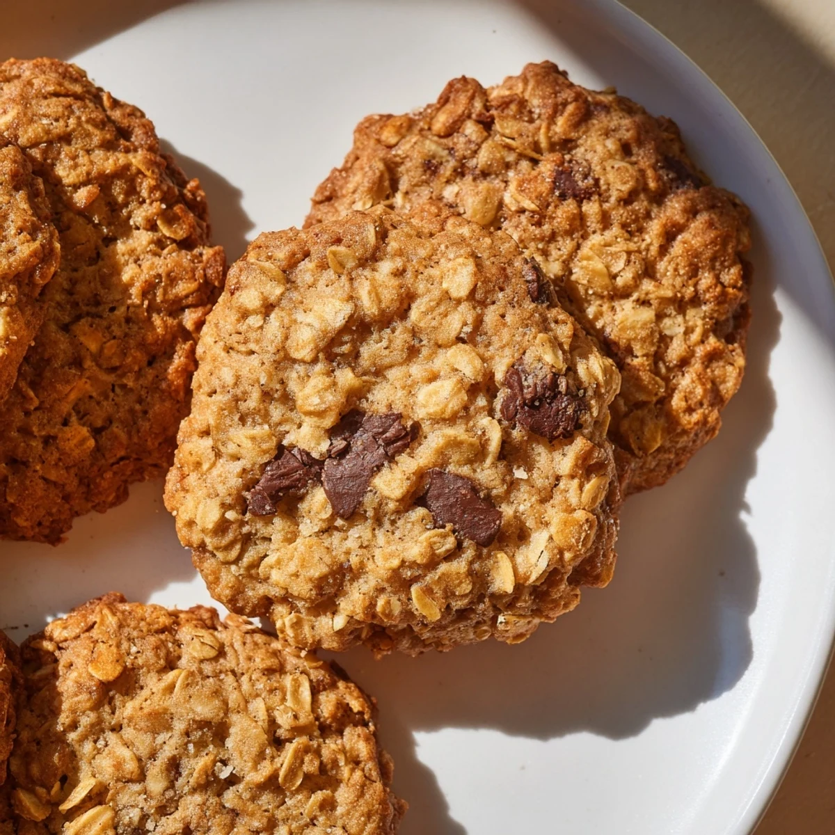 A close-up of 4 Ingredient Crispy Chocolate Oat Cookies on a cooling rack with gooey chocolate chunks and golden edges.