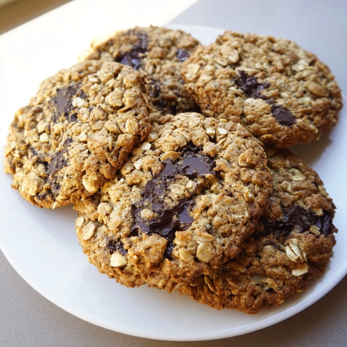 Stack of crunchy 4 Ingredient Crispy Chocolate Oat cookies beside a glass of milk for an easy American dessert.