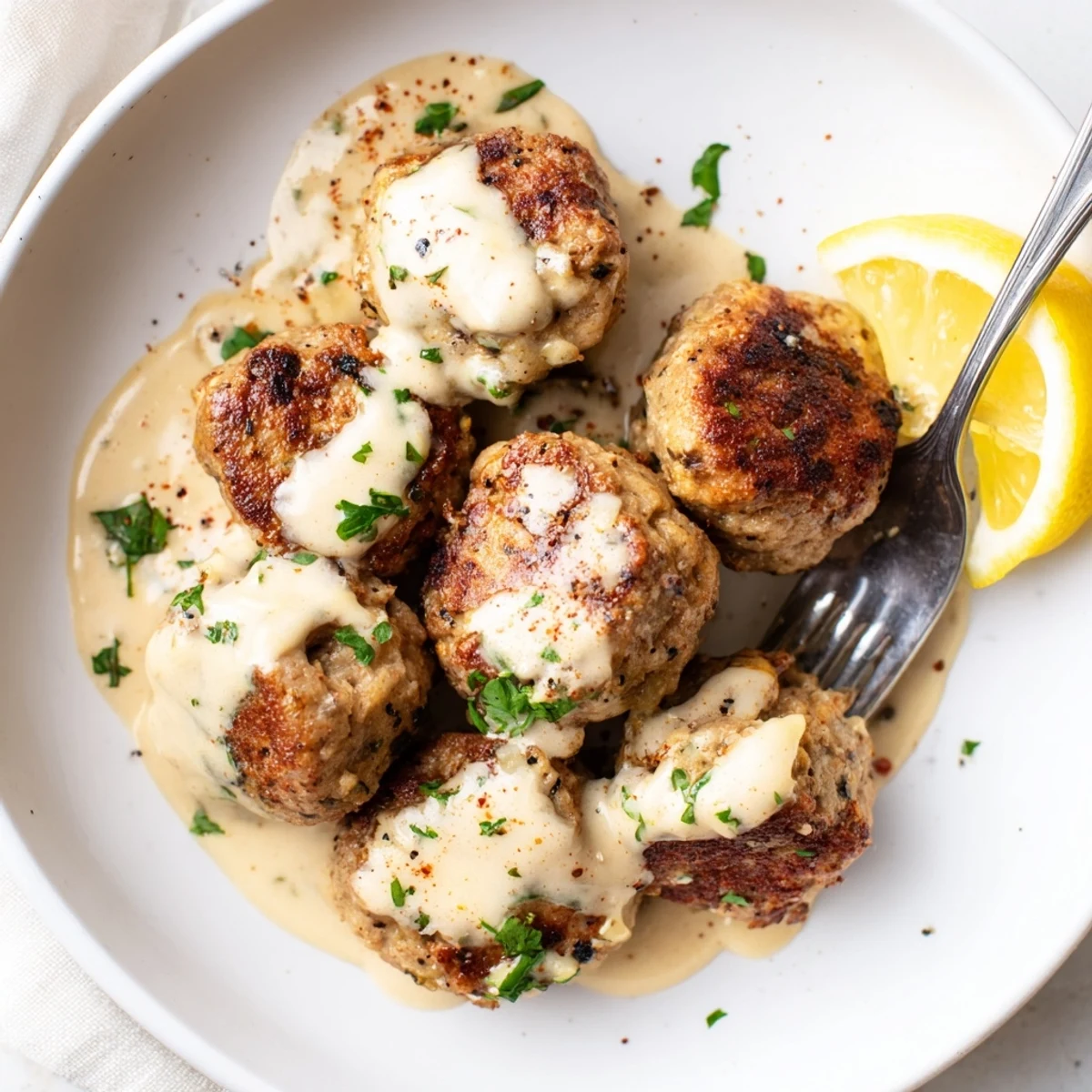 Tender chicken kofta served warm with garlic yogurt sauce and lemon wedges on a rustic plate.