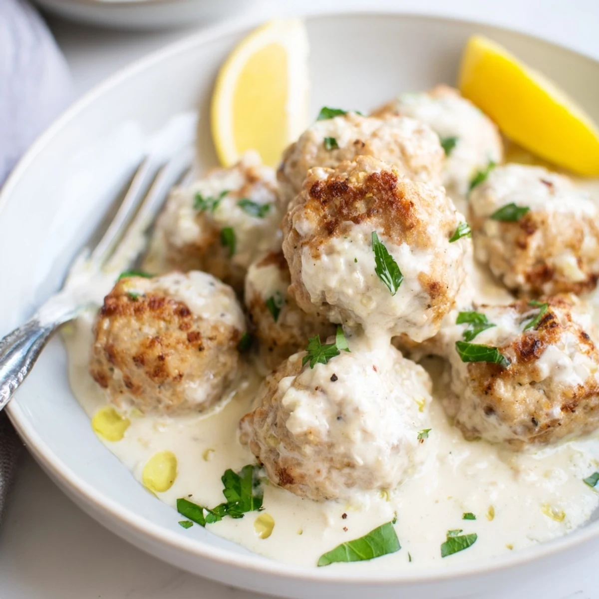 Savory chicken kofta arranged on a platter with creamy garlic yogurt dip and fresh parsley garnish.