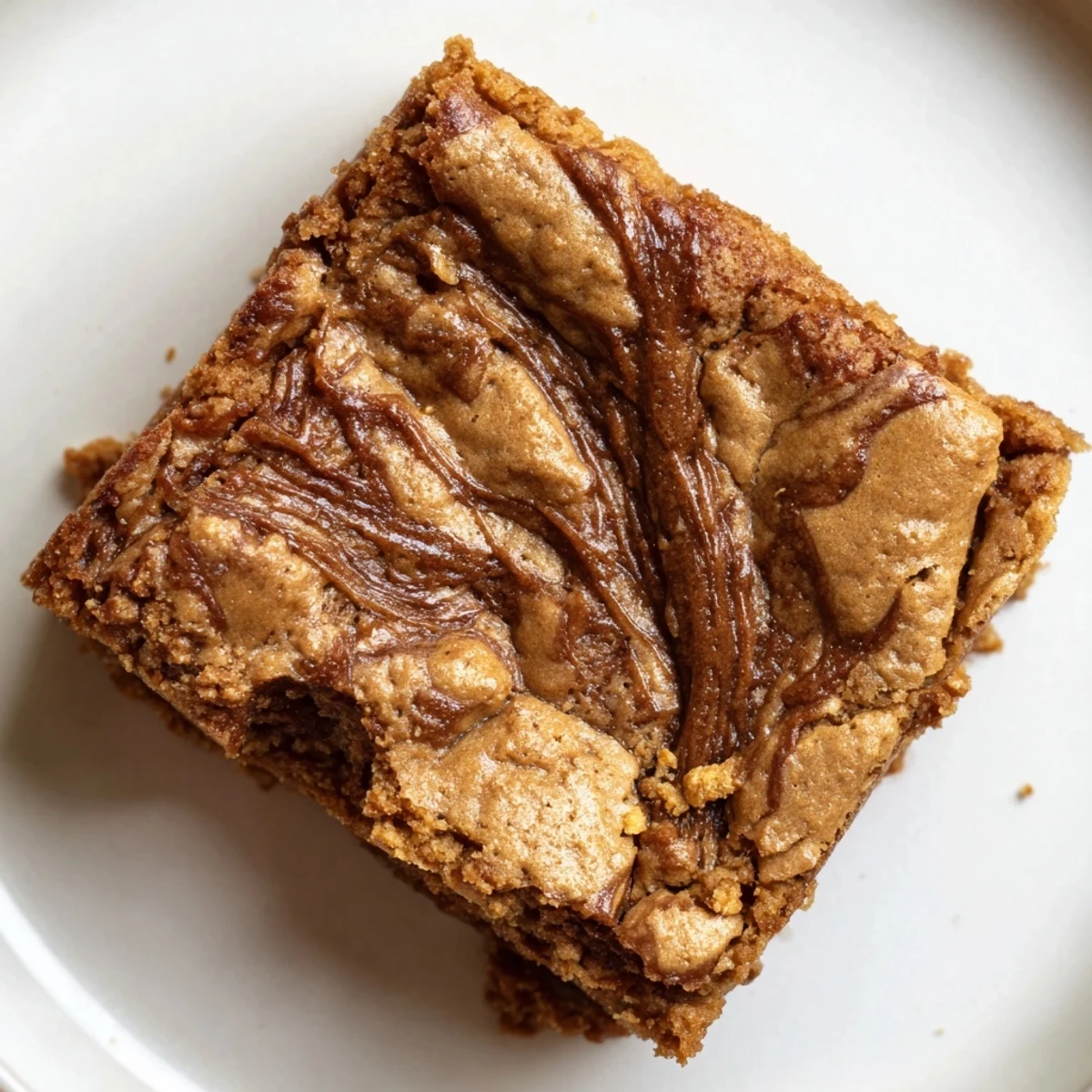 This image shows freshly baked Brown Butter Biscoff Blondies with a gooey swirl of cookie butter filling.