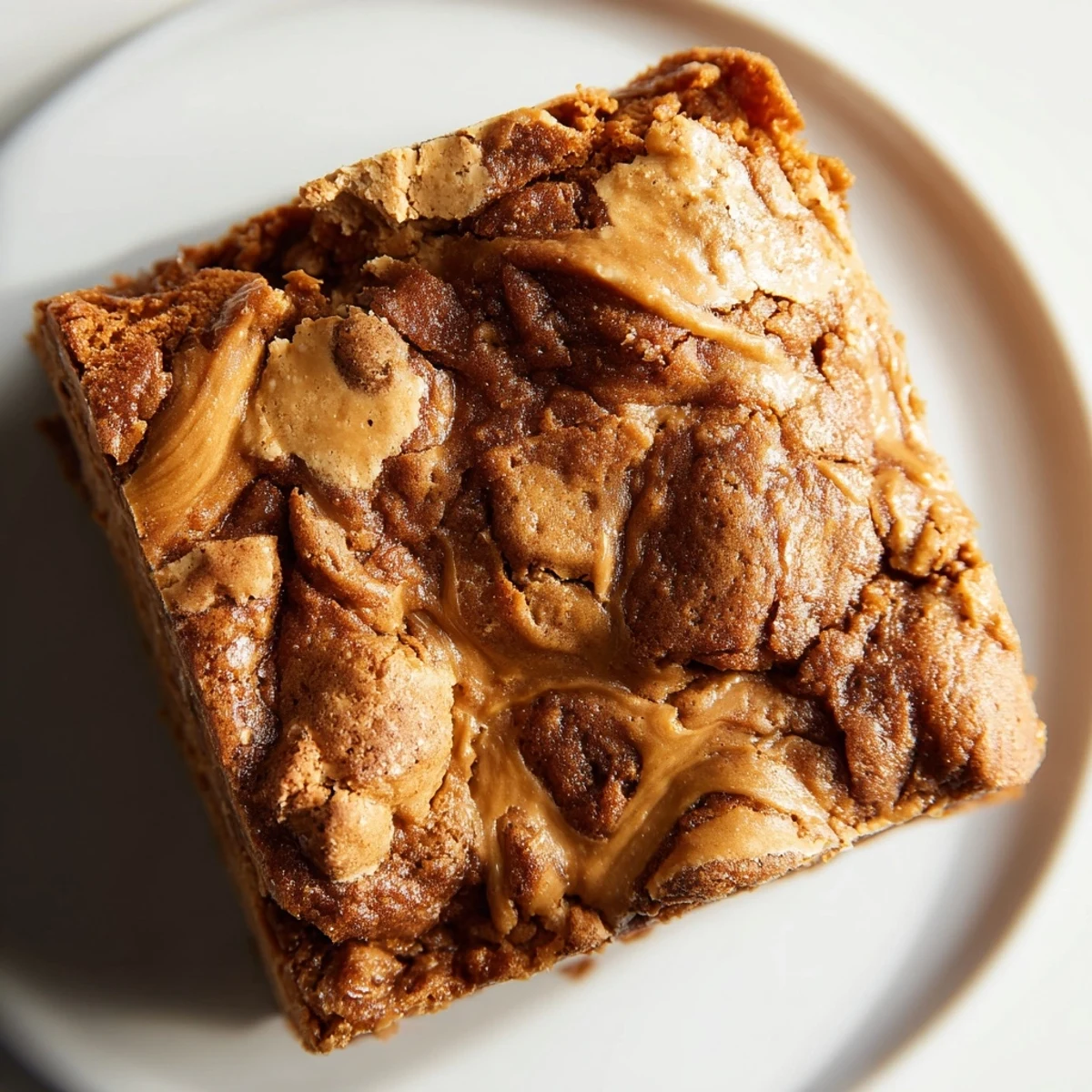 A close-up of golden brown Brown Butter Biscoff Blondies topped with crunchy cookie pieces on a marble counter.