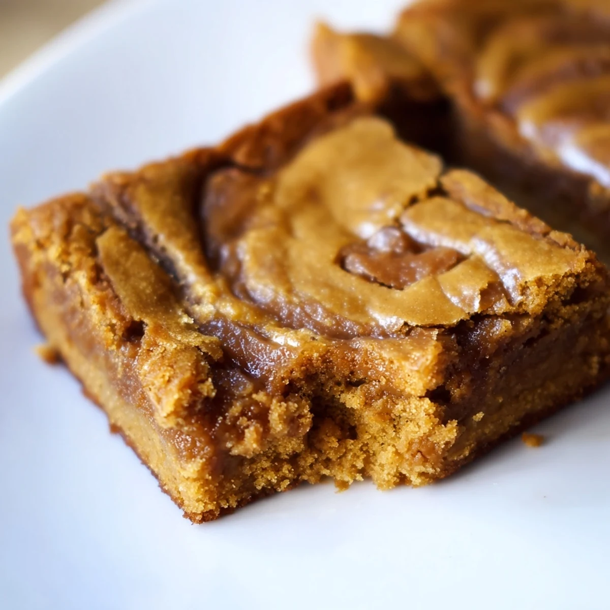 Sliced squares of warm Brown Butter Biscoff Blondies arranged on a plate with a glass of milk.
