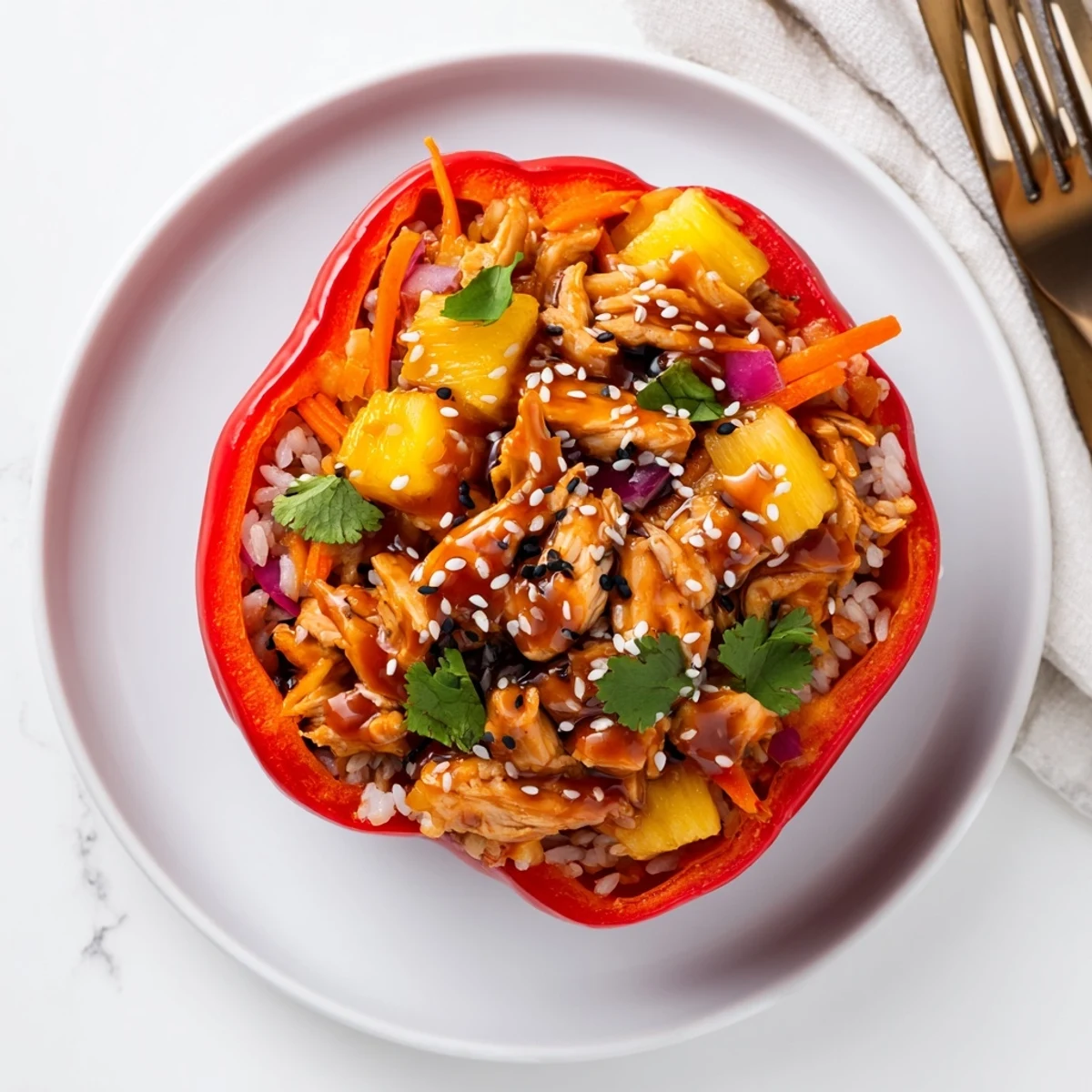Four vibrant roasted bell peppers filled with fluffy rice, tender chicken, and sweet pineapple, all drizzled with sticky homemade teriyaki glaze.