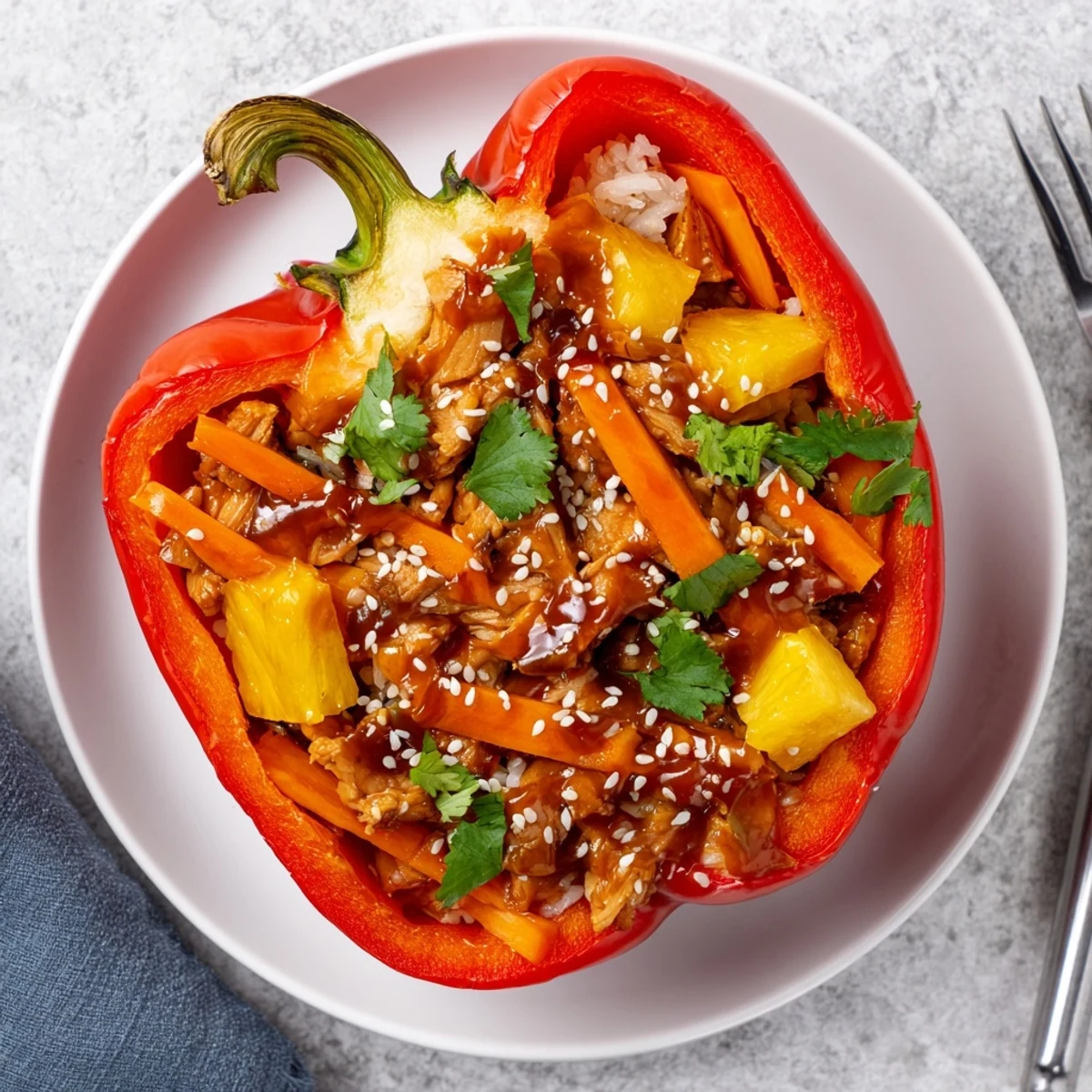 A close-up of a halved Teriyaki Pineapple Chicken and Rice Stuffed Pepper showing the juicy pineapple chunks and glazed chicken filling inside.