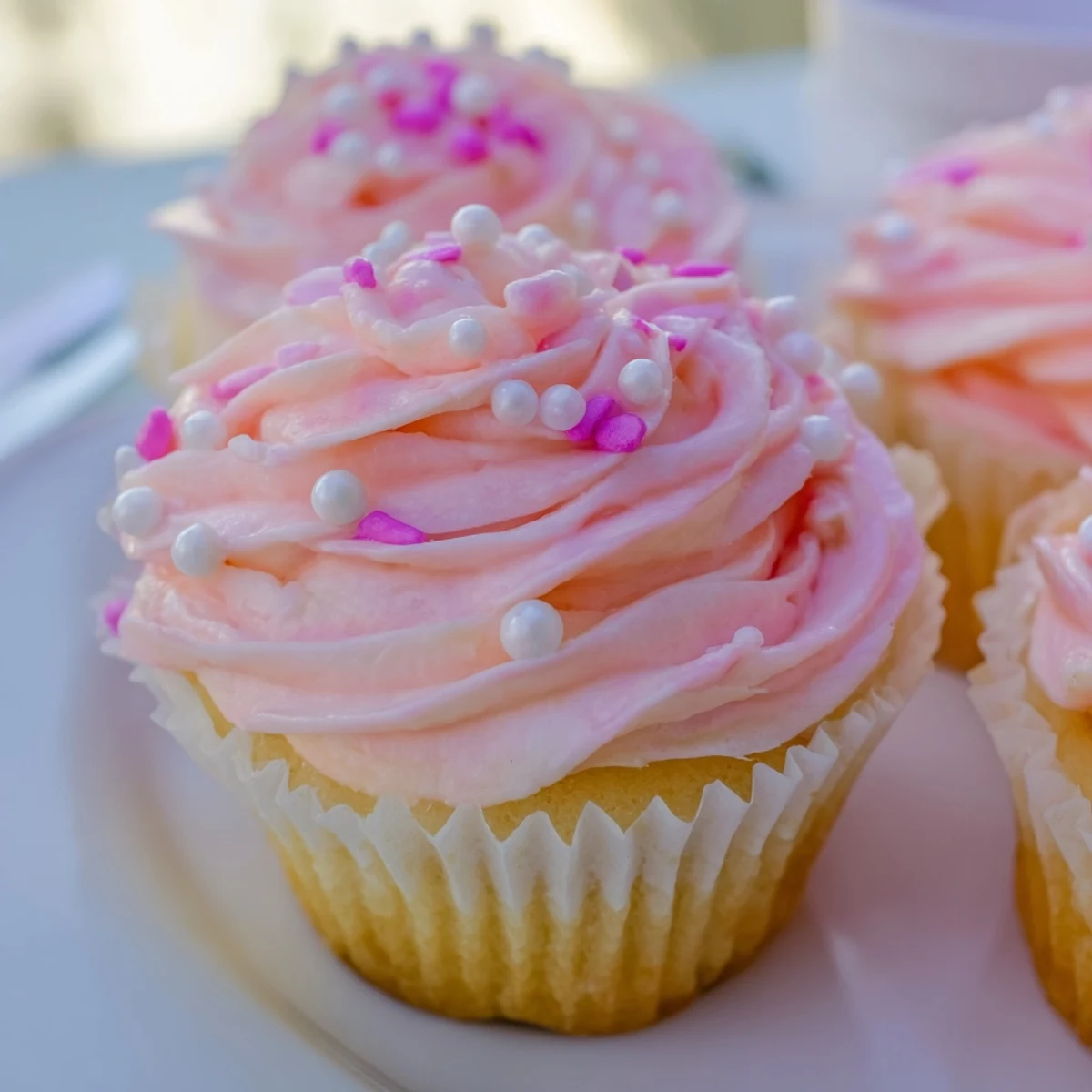 A close-up of Girl Baby Shower Cupcakes with fluffy pink buttercream frosting and edible pearls arranged on a pastel plate.