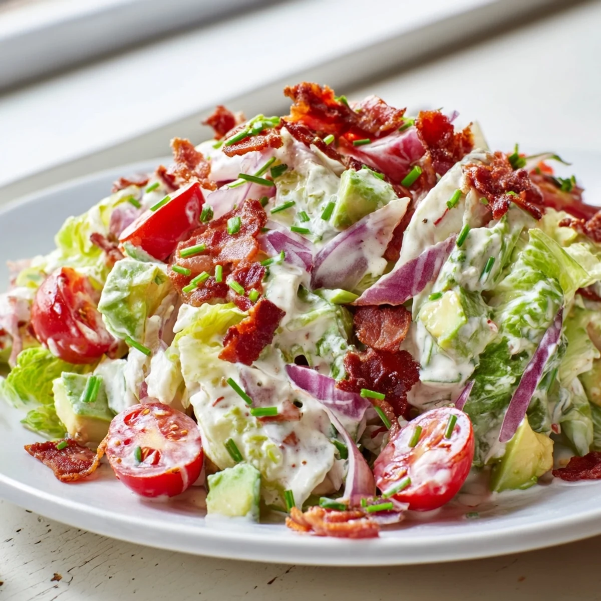 This low carb salad features creamy avocado slices and a drizzled keto dressing, served on a wooden table.