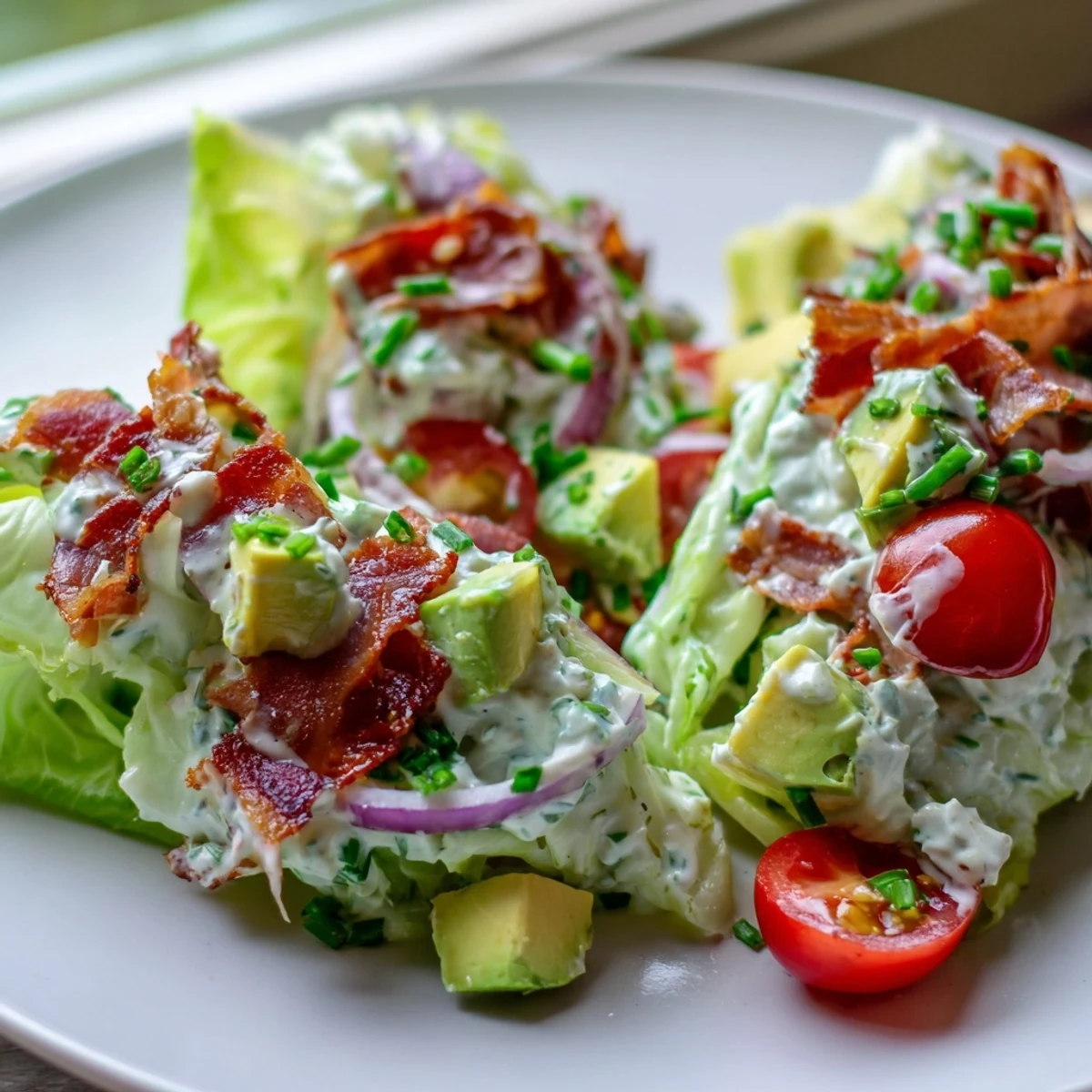 Crispy Bacon Keto BLT Salad shows a vibrant bowl of chopped romaine and halved cherry tomatoes topped with crumbled bacon.