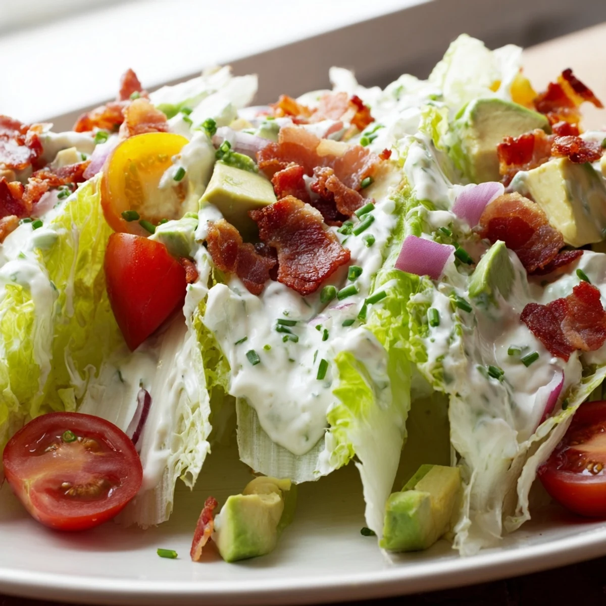 Enjoy the Crispy Bacon Keto BLT Salad garnished with fresh chives, a perfect light lunch for American home cooks.