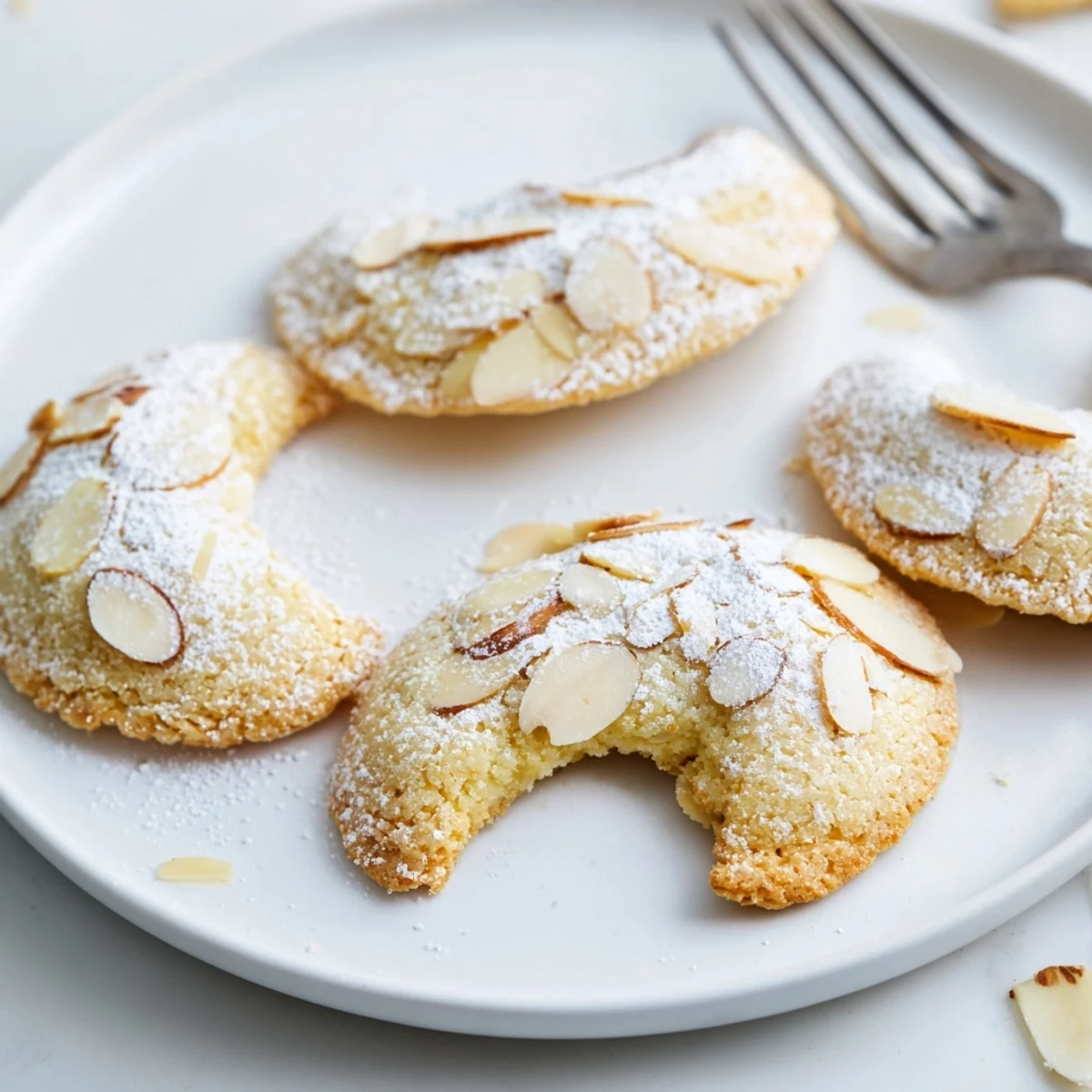 A close-up of Almond Croissant Cookies on a wire rack, dusted with powdered sugar and studded with sliced almonds.
