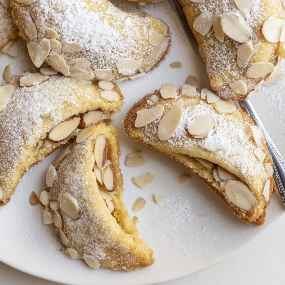 Golden Almond Croissant Cookies stacked on a plate, ready to be served with a cup of hot coffee or tea.