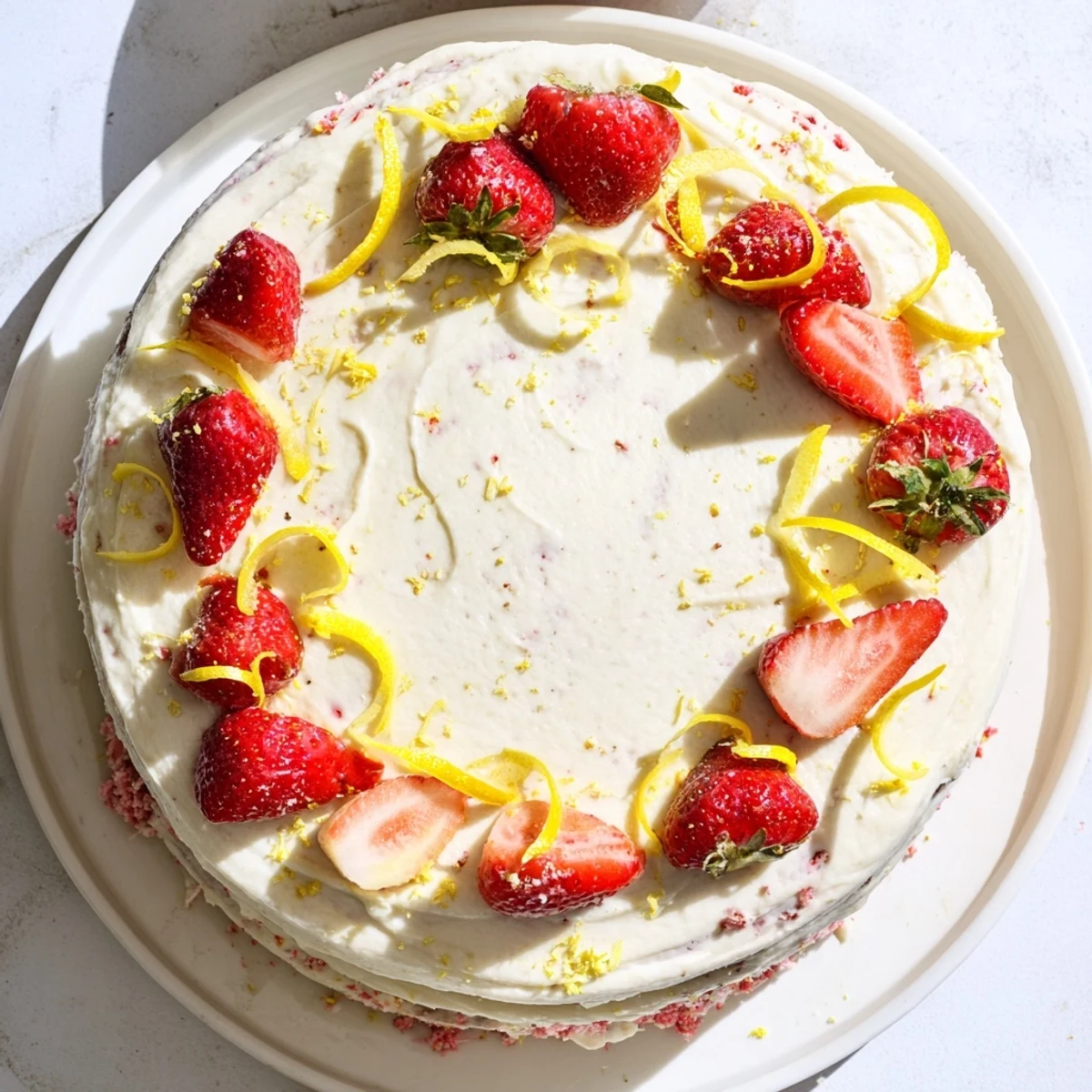 A close-up of a beautifully frosted Strawberry Lemonade Cake With Creamy Lemon Buttercream, decorated with fresh strawberry halves.