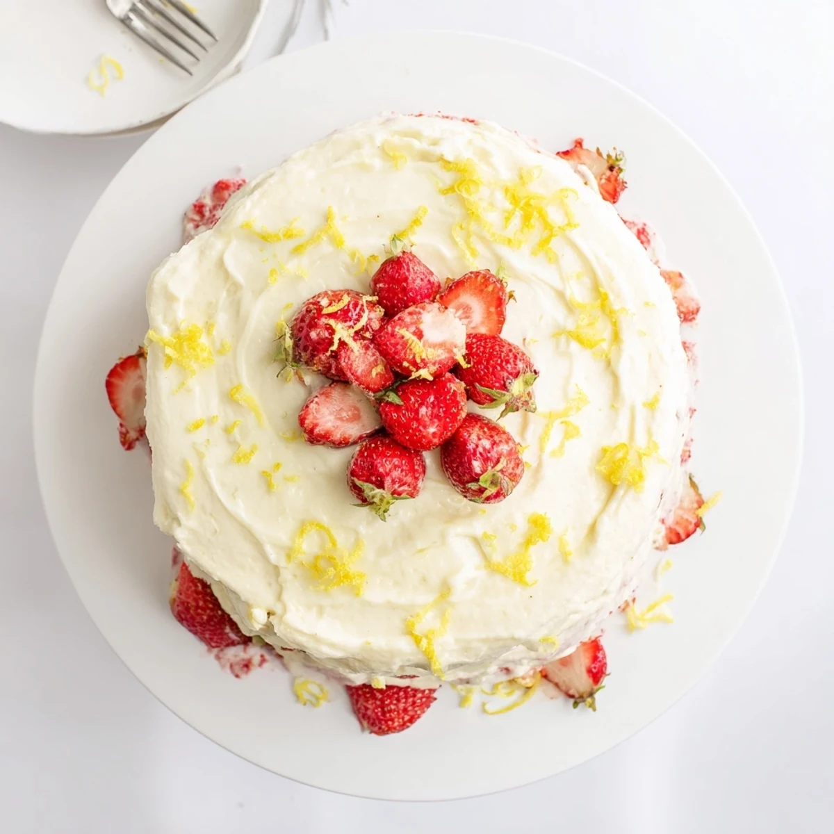 Freshly decorated Strawberry Lemonade Cake With Creamy Lemon Buttercream with glossy buttercream and halved strawberries on a white platter.
