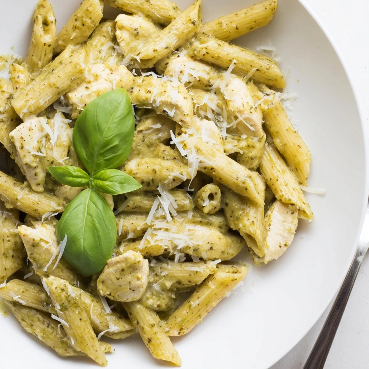 Creamy Pesto Chicken Pasta with tender chicken and al dente pasta in a rich green sauce, garnished with fresh basil.