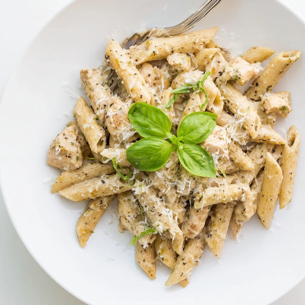 A close-up of Creamy Pesto Chicken Pasta in a white bowl, featuring golden chicken and extra Parmesan on top.