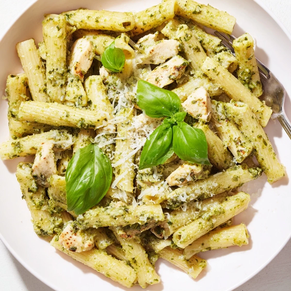 A warm skillet of Creamy Pesto Chicken Pasta ready to serve, perfect for a cozy weeknight Italian dinner.