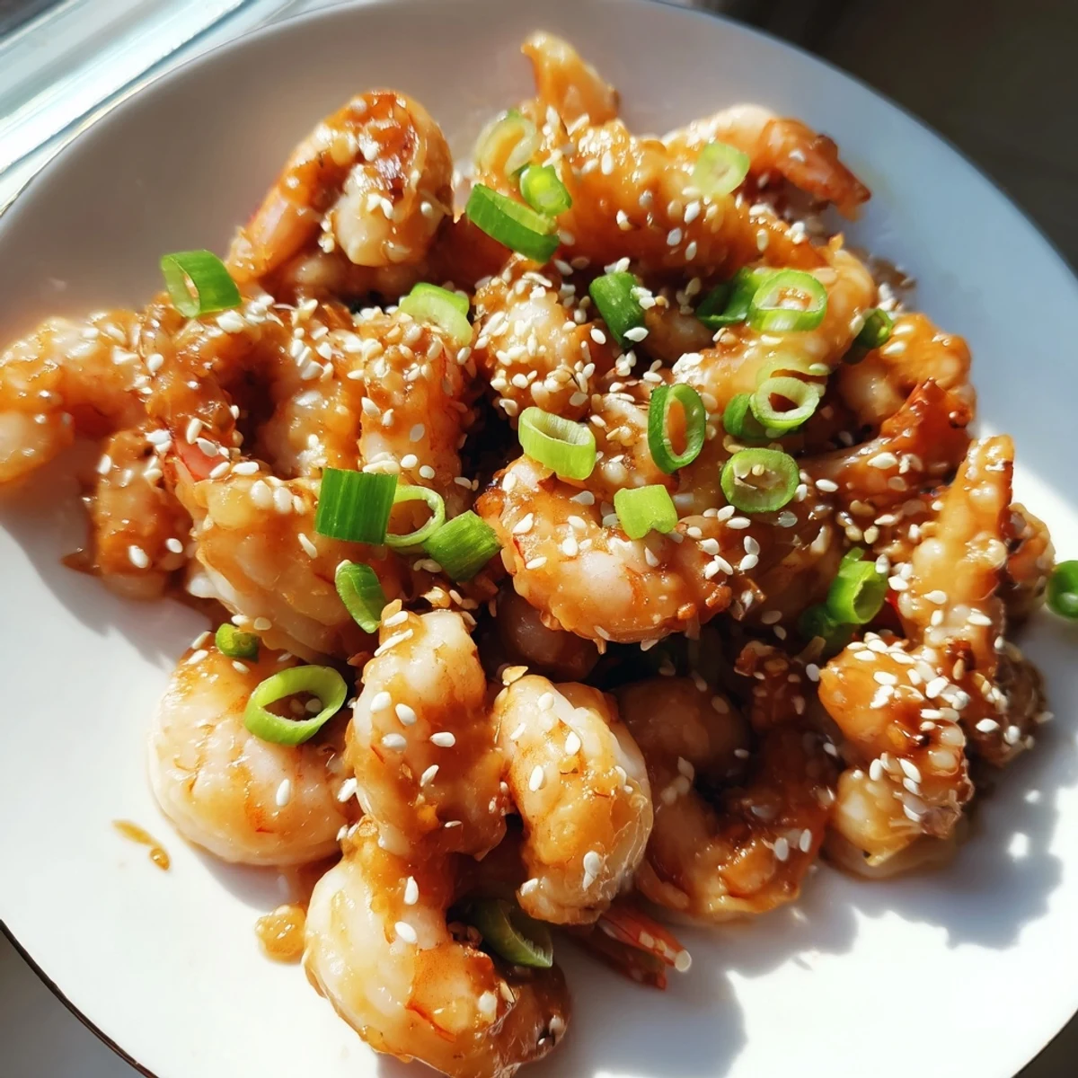 Tender High Protein Honey Garlic Shrimp sizzling in a skillet with garlic and green onion garnish.