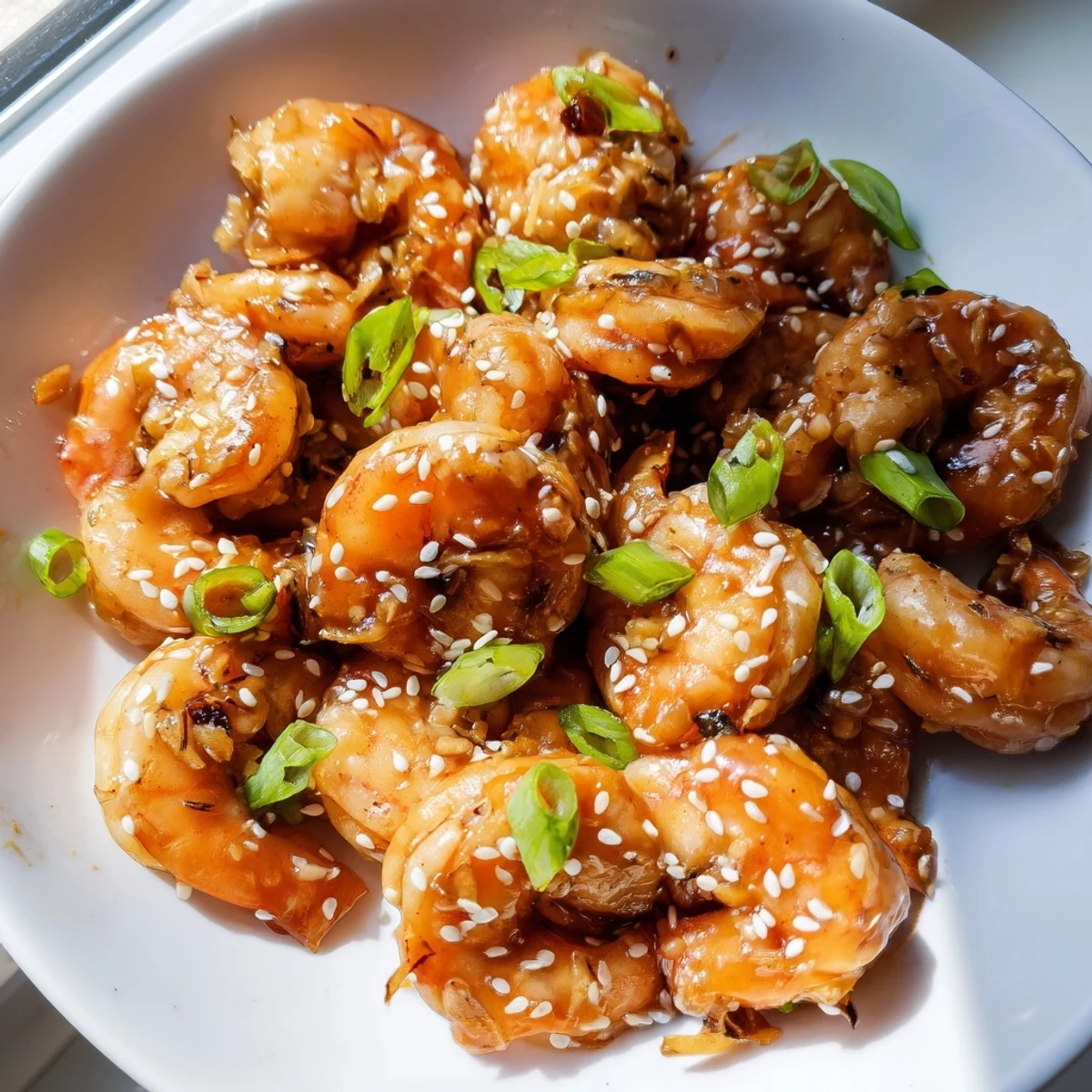 Juicy High Protein Honey Garlic Shrimp glistening with sticky glaze served over fluffy white rice.