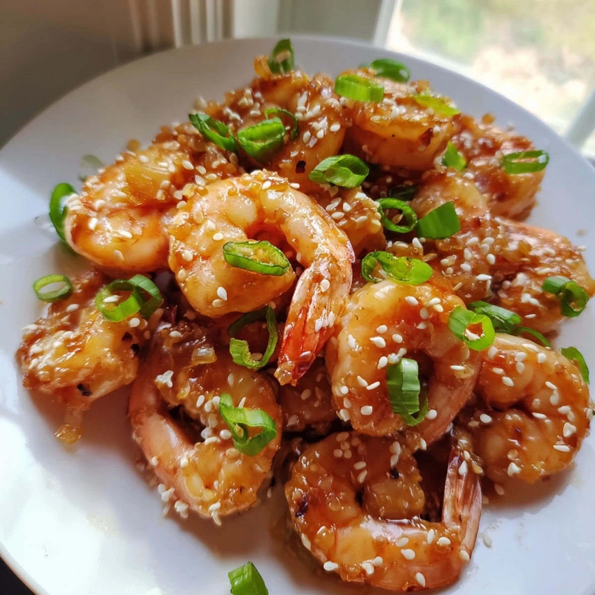 Close-up of glazed High Protein Honey Garlic Shrimp garnished with sesame seeds on a bed of quinoa.